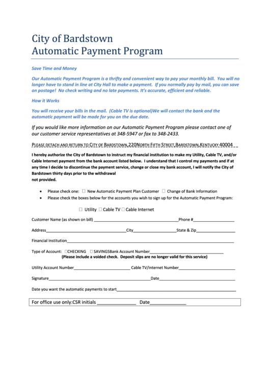 City Of Bardstown Automatic Payment Program Authorization Form Printable pdf