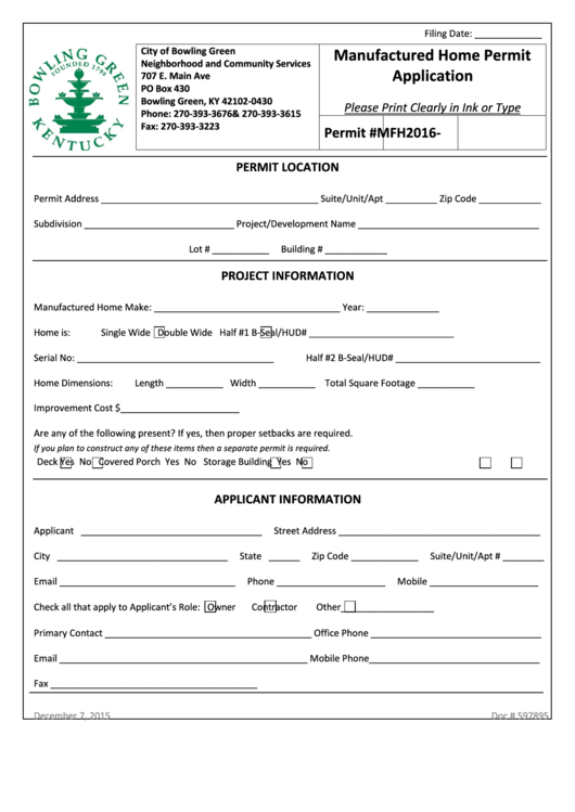 Fillable Manufactured Home Permit Application Form - City Of Bowling Green Printable pdf
