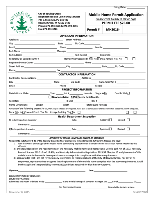Fillable Mobile Home Permit Application Form - City Of Bowling Green Printable pdf