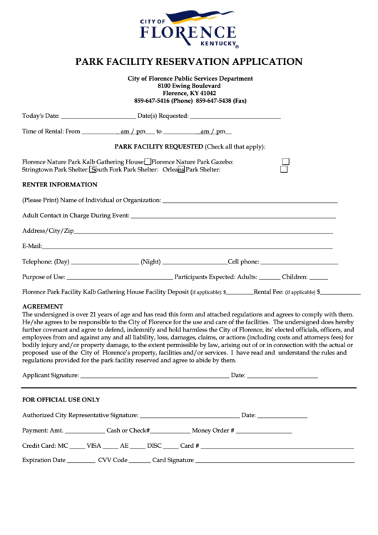 Park Facility Reservation Application Form - City Of Florence Public Services Department Printable pdf