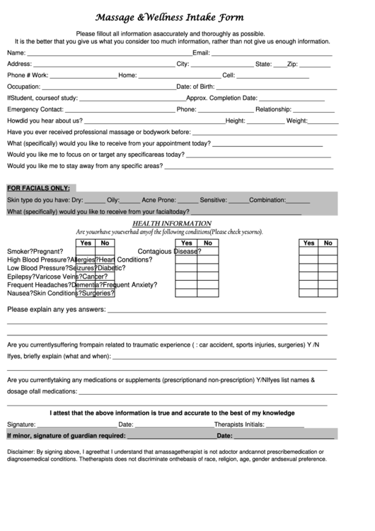 Massage And Wellness Intake Form printable pdf download