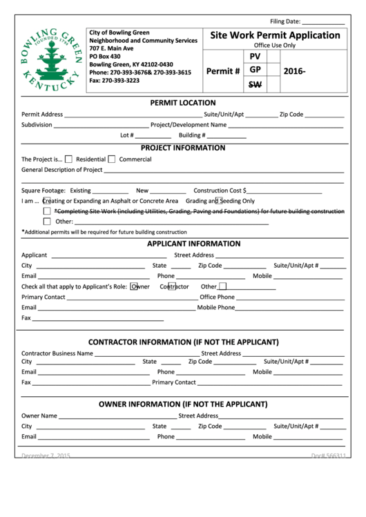 Fillable Site Work Permit Application Form - City Of Bowling Green Printable pdf