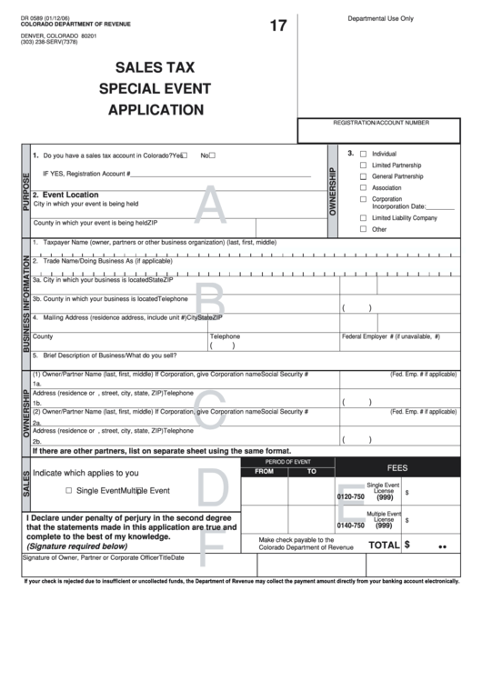 Form Dr 0589 - Sales Tax Special Event Application Printable pdf
