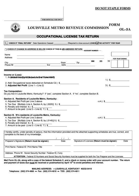 Fillable Form Ol-3a - Occupational License Tax Return Printable pdf