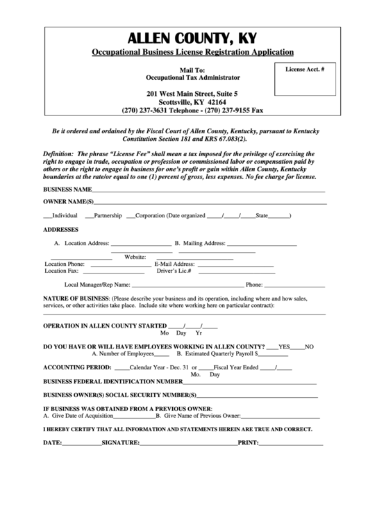 Occupational Business License Registration Application Form - Allen County, Ky Printable pdf
