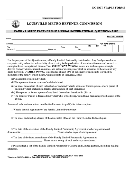 Fillable Family Limited Partnership Annual Informational Questionnaire Form - Louisville Metro Revenue Commission Printable pdf