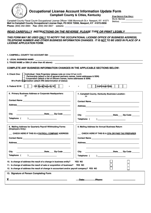 Occupational License Account Information Update Form - Campbell County & Cities, Kentucky Printable pdf