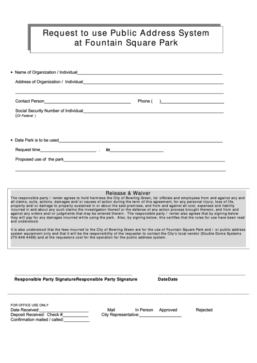Fillable Request To Use Public Address System At Fountain Square Park Form - City Of Bowling Green Printable pdf