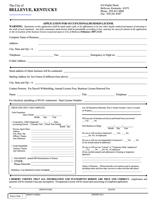 Application For Occupational/business License Form - Bellevue, Kentucky Printable pdf
