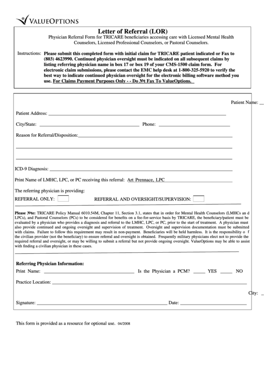 Letter Of Referral (Lor) Form For Tricare Beneficiaries Printable pdf
