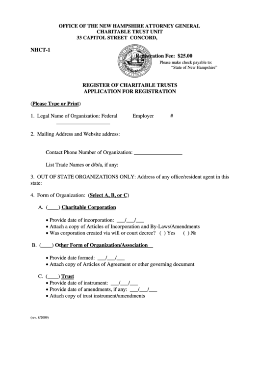 Form Nhct-1 - Register Of Charitable Trusts Application For Registration - Office Of The New Hampshire Attorney General Charitable Trust Unit Printable pdf
