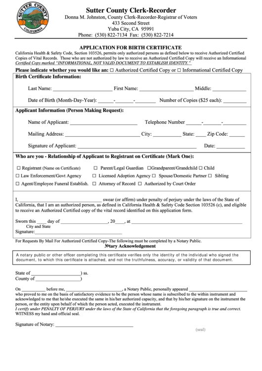 Fillable Application For Birth Certificate Form - Sutter County Clerk-Recorder Printable pdf