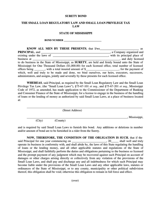 Surety Bond - The Small Loan Regulatory Law And Small Loan Privilege Tax Law - State Of Mississippi Printable pdf