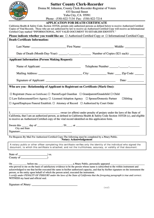 Fillable Application For Death Certificate Form - Sutter County Clerk-Recorder Printable pdf