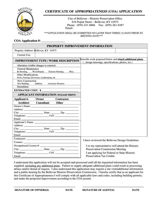 Fillable Certificate Of Appropriateness (Coa) Application Form City