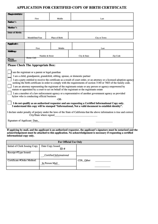 Fillable Application For Certified Copy Of Birth Certificate 