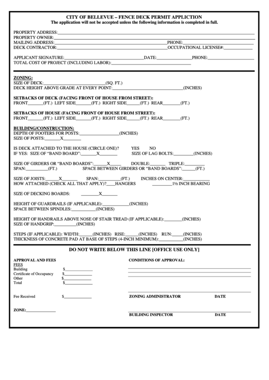 Fence Deck Permit Appliction Form - City Of Bellevue Printable pdf