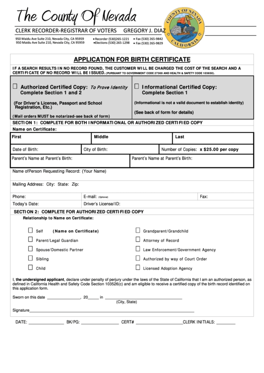 Application For Birth Certificate Form - The County Of Nevada, California