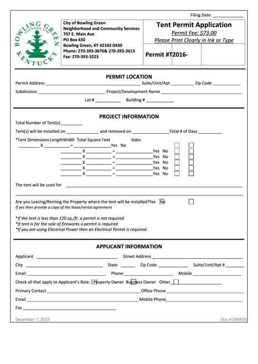 Fillable Tent Permit Application Form - City Of Bowling Green Printable pdf