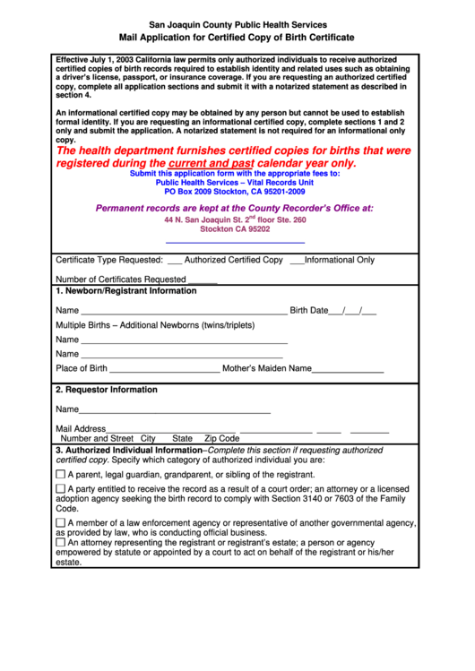 Mail Application Form For Certified Copy Of Birth Certificate - San Joaquin County Phs Printable pdf