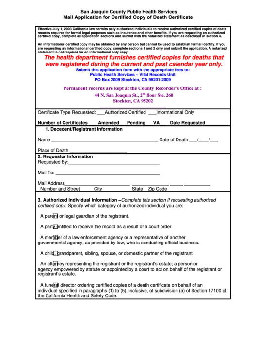 Mail Application For Certified Copy Of Death Certificate Form - San Joaquin County Public Health Services Printable pdf