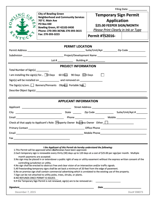 Fillable Temporary Sign Permit Application Form - City Of Bowling Green Printable pdf
