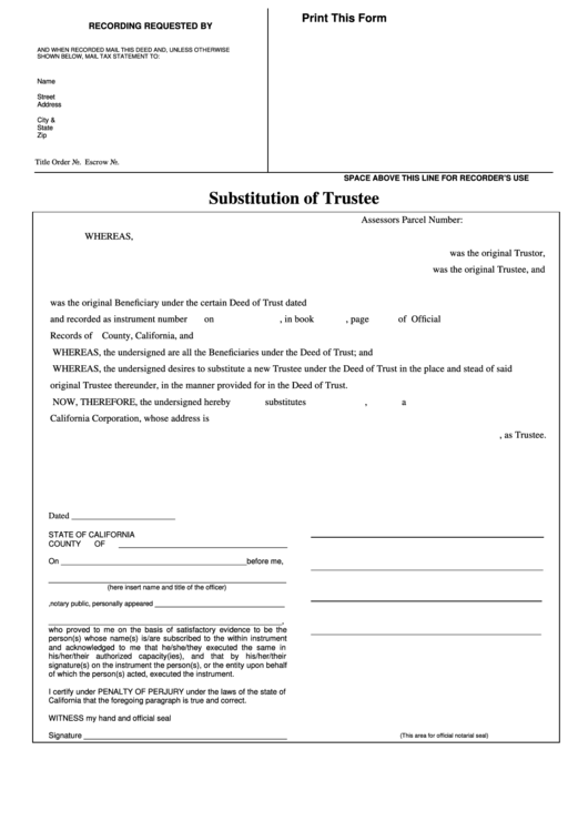 Substitution Of Trustee Form - State Of California