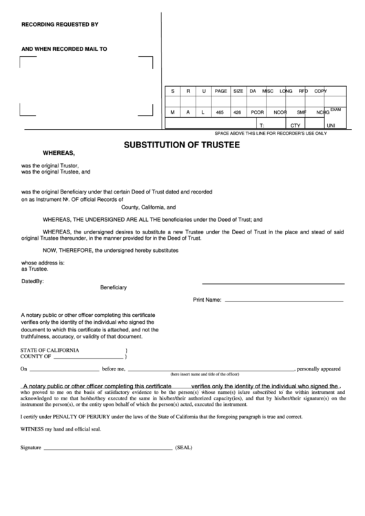 Fillable Substitution Of Trustee Form - State Of California Printable pdf