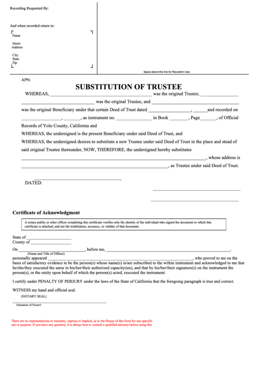 Substitution Of Trustee - State Of California Printable pdf