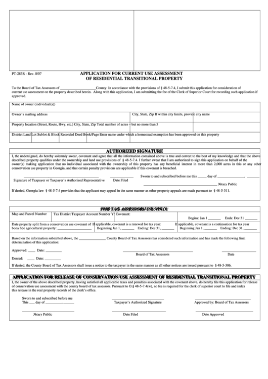 Fillable Form Pt-283r - Application For Current Use Assessment Of Residential Transitional Property Printable pdf