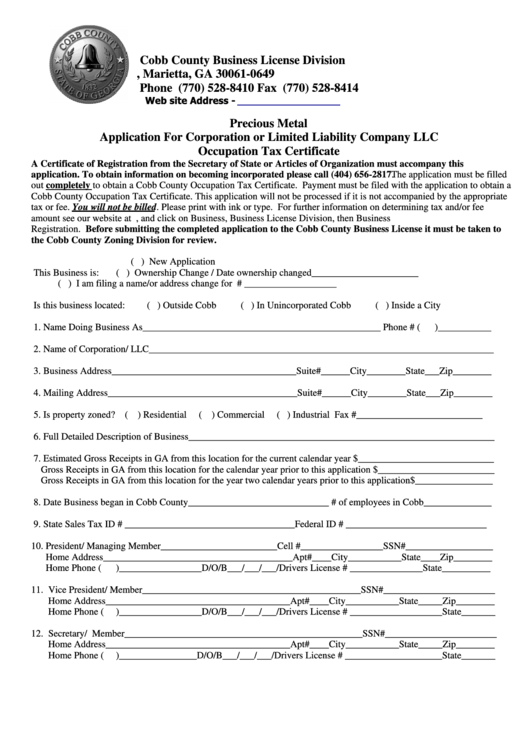 Precious Metal Application For Corporation Or Limited Liability Company Llc Occupation Tax Certificate Form - Cobb County Business License Division Printable pdf