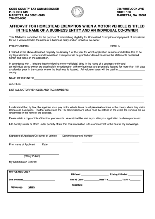 Fillable Affidavit For Homestead Exemption When A Motor Vehicle Is Titled In The Name Of A Business Entity And An Individual Co-Owner Form - Cobb County Tax Commissioner Printable pdf
