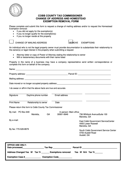 Fillable Cobb County Tax Commissioner Change Of Address And Homestead Exemption Removal Form Printable pdf