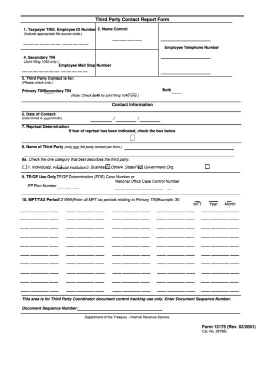 Fillable Form 12175 - Third Party Contact Report Form - Department Of The Treasury Printable pdf