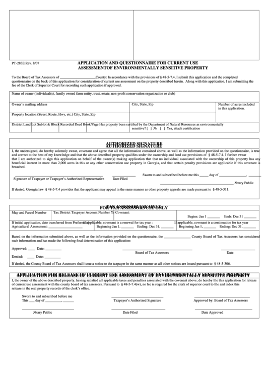Fillable Form Pt-283e - Application And Questionnaire For Current Use Assessment Of Environmentally Sensitive Property Printable pdf