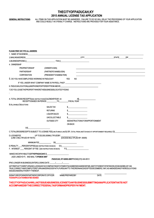 Annual License Tax Application - City Of Paducah, Ky - 2015 Printable pdf