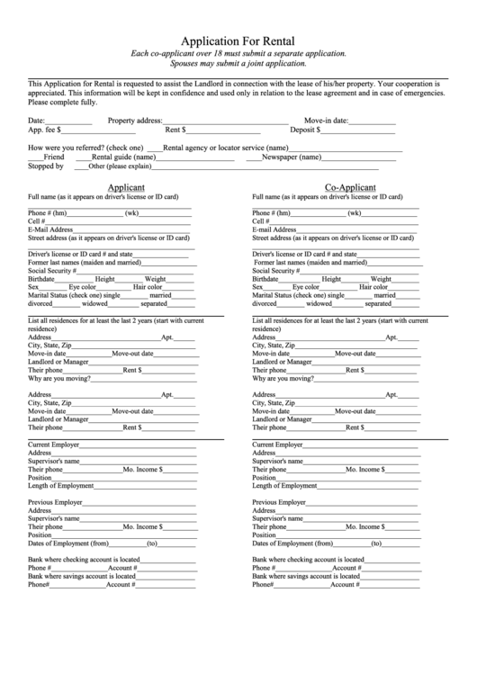 Application For Rental Form Printable pdf