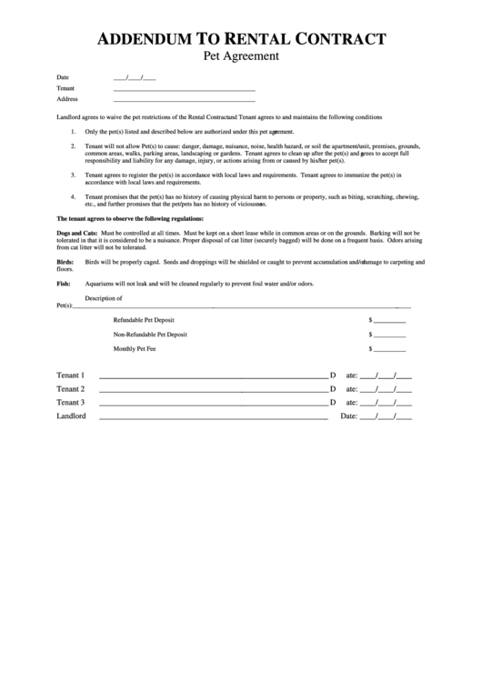 fillable pet agreement form addendum to rental contract printable pdf