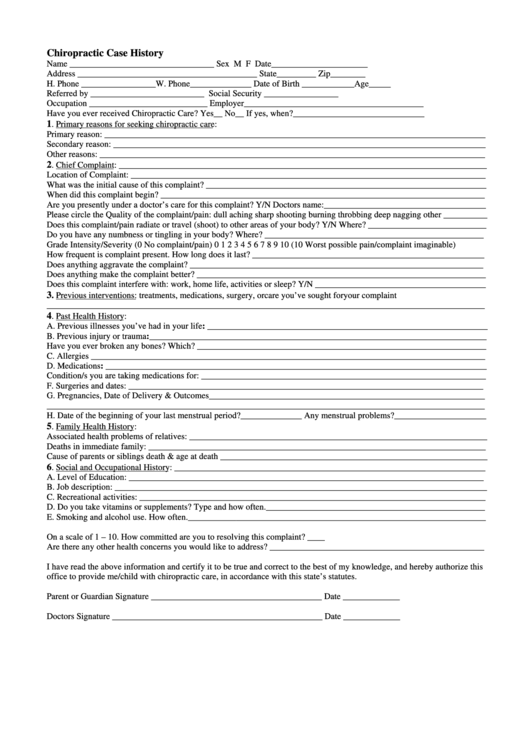 Chiropratic Case History Form Printable pdf