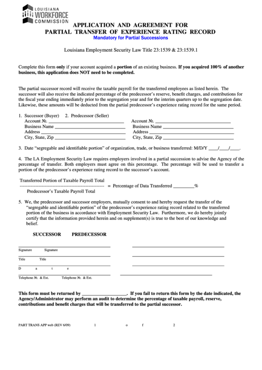 Application And Agreement For Partial Transfer Of Experience Rating Record Form - Louisiana Workforce Commission