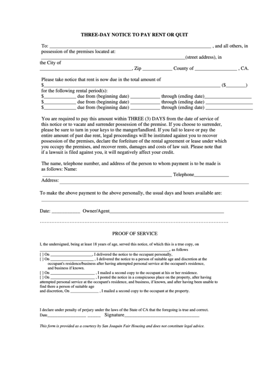 Three-Day Notice To Pay Rent Or Quit Form Printable pdf