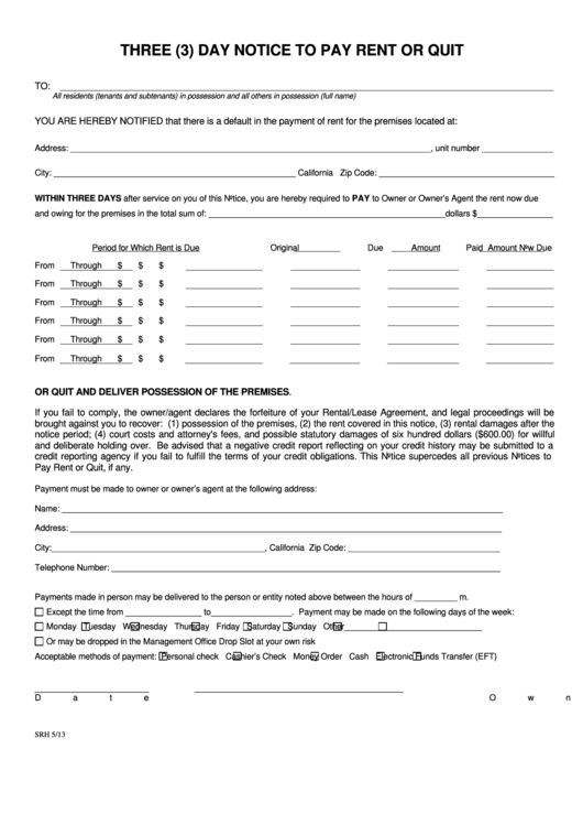 Fillable Three (3) Day Notice To Pay Rent Or Quit Form - California Printable pdf