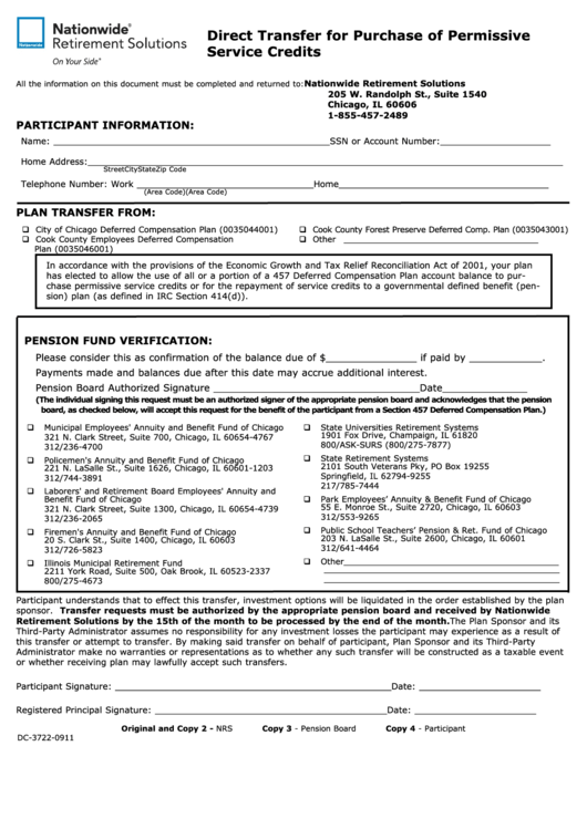 Form Dc-3722-0911 - Direct Transfer For Purchase Of Permissive Service Credits - Nationwide Retirement Solutions Printable pdf