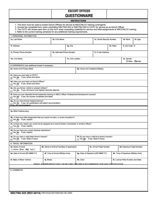 Fillable Nsctng 025 - Escort Officer Questionnaire Form Printable pdf