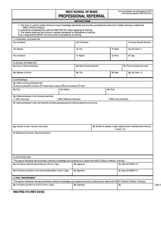 Nsctng 019 - Navy Form - Nscc School Of Music Professional Referral Printable pdf