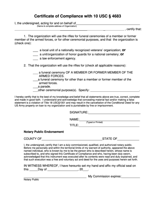 Certificate Of Compliance With 10 Usc Form Printable pdf