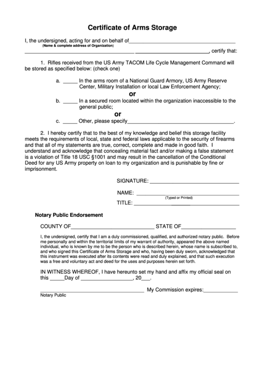Certificate Of Arms Storage Form Printable pdf