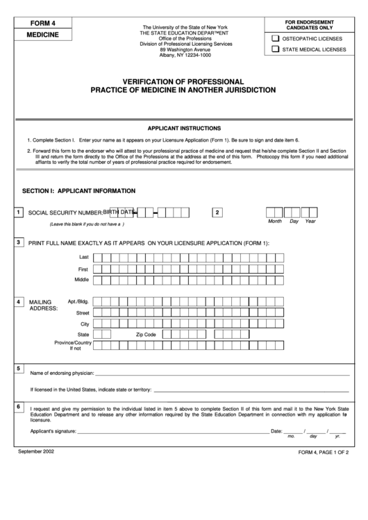 Form 4 - Verification Of Professional Practice Of Medicine In Another Jurisdiction Printable pdf