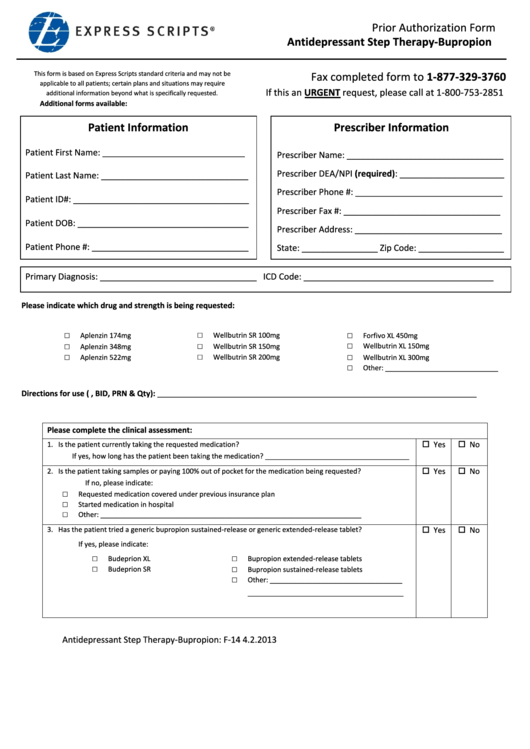 Express Scripts Prior Authorization Form - Antidepressant Step Therapy-Bupropion Printable pdf