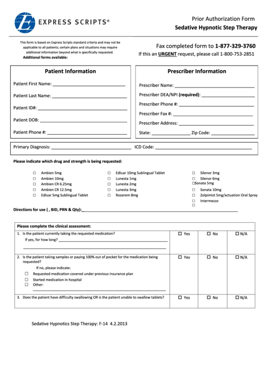 Express Scripts Prior Authorization Form - Sedative Hypnotic Step Therapy Printable pdf
